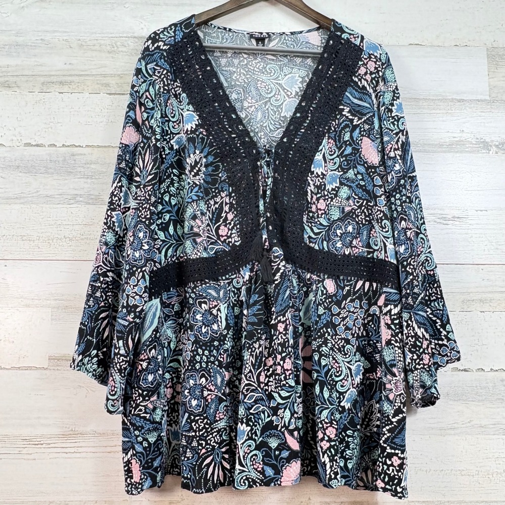 Torrid Womens Plus Size 4 Floral Paisley Crochet Lace Babydoll Tunic Top Black - Picture 2 of 14